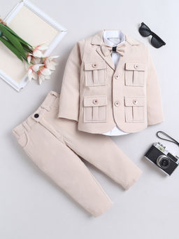 FOURFOLDS - Boys Beige Cotton Blend Solid Blazer-Shirt with Trouser and Bowtie