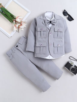 FOURFOLDS - Boys Grey Cotton Blend Solid Blazer-Shirt with Trouser and Bowtie