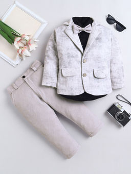 FOURFOLDS - Boys Beige Cotton Blend Blazer-Shirt with Trouser and Bowtie