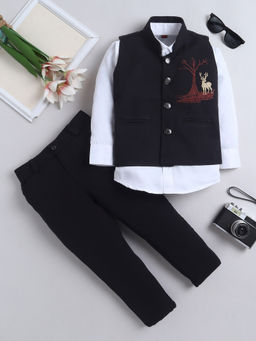 FOURFOLDS - Boys Black Embroidered Shirt with Waistcoat and Trouser