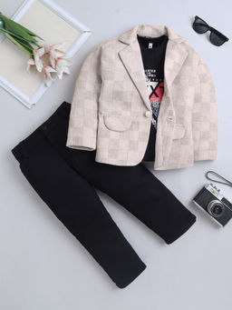 FOURFOLDS - Boys Beige Checks Blazer with T-shirt and Trouser