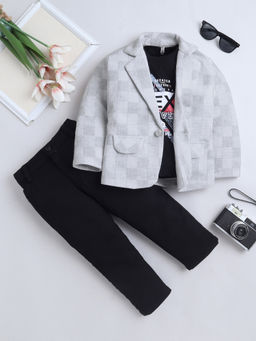 FOURFOLDS - Boys Grey Checks Blazer with T-shirt and Trouser