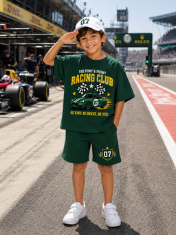 THE PONY AND PEONY CO. - Boys Green Graphic Printed Racing T-shirt with Shorts