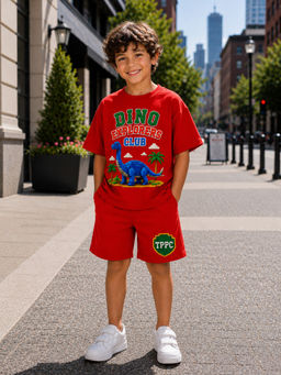 THE PONY AND PEONY CO. - Boys Red Dino Graphic Printed T-shirt with Shorts
