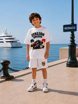 THE PONY AND PEONY CO. - Boys White Graphic Printed T-shirt with Shorts