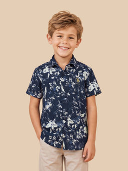 U.S. POLO ASSN. - Boys Navy Blue Floral Printed Regular Fit Shirt