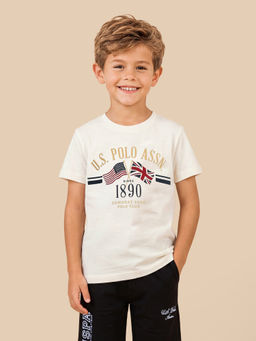 U.S. POLO ASSN. - Boys Off White Brand Graphic Printed Regular Fit T-shirt