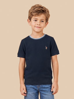 U.S. POLO ASSN. - Boys Navy Blue Textured Regular Fit T-shirt