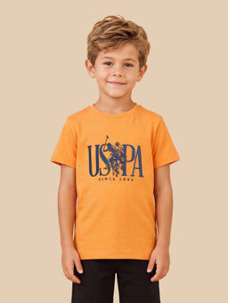 U.S. POLO ASSN. - Boys Orange Brand Text Printed Regular Fit T-shirt