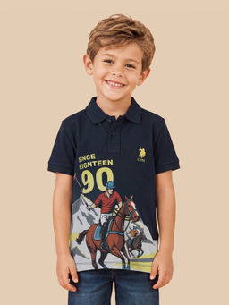 U.S. POLO ASSN. - Boys Navy Blue Graphic Brand Printed Regular Fit Polo T-shirt