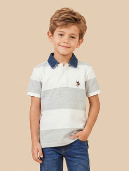 U.S. POLO ASSN. - Boys White-Grey Horizontal Striped Regular Fit Polo T-shirt