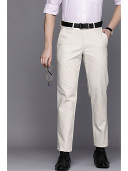 Louis Philippe - Men Cream Slim Fit Solid Flat Front Formal Trousers