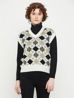 KASMA - Women V-Neck Sleeveless Geometric Sweater