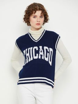 KASMA - Women V-Neck Sleeveless Typography Sweater