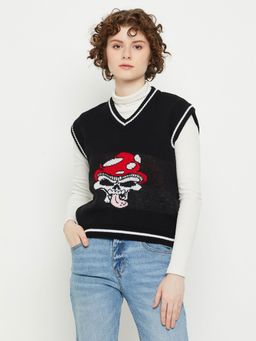 KASMA - Women V-Neck Sleeveless Quirky Sweater