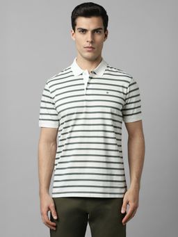 Louis Philippe - Men White Stripe Polo Neck T-Shirt