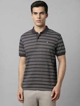 Louis Philippe - Men Grey Stripe Polo Neck T-Shirt