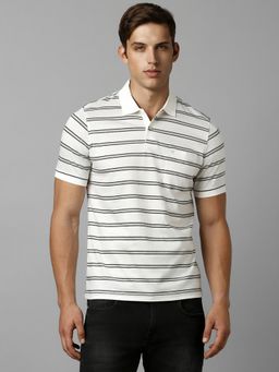 Louis Philippe - Men White Stripe Polo Neck T-Shirt