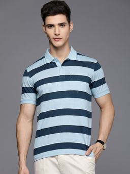 Louis Philippe - Men Blue Stripe Polo Neck T-Shirt
