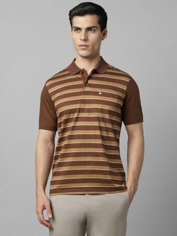 Louis Philippe - Men Brown Stripe Polo Neck T-Shirt