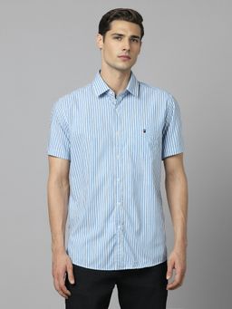 Louis Philippe - Men Blue Slim Fit Stripe Half Sleeves Casual Shirt