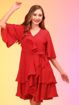 Globus - Women Red Waist Tie Up Ruffle Mini Dress