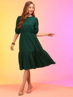 Globus - Women Green Puff Sleeve Fit & Flare Midi Dress