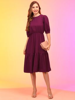 Globus - Women Wine Puff Sleeve Fit & Flare Midi Dress