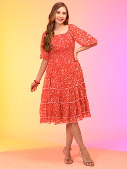 Globus - Women Red Floral Fit & Flare Midi Dress