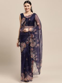 Vastranand - Navy Blue Organza Floral Print Party Wear Saree with Unstitched Blouse