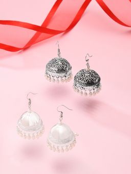 Zaveri Pearls - (Set of 2) Antique Silver Oxidised Jhumka Drop Earrings ZPFK15185