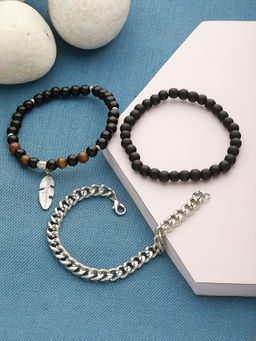 Aatmana - Men 3 Silver-Toned & Black Silver-Plated Bracelet