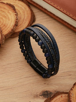 Aatmana - Men Blue & Black Leather Wraparound Bracelet