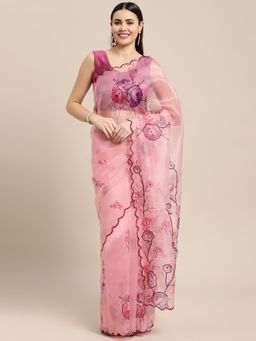 Vastranand - Organza Floral Print Party Wear Saree with Unstitched Blouse
