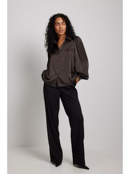 NA-KD - Flowy Satin Ls Shirt Brown