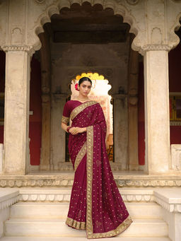 Odette - Wine Vichitra Embroidered Saree with Unstitched Blouse