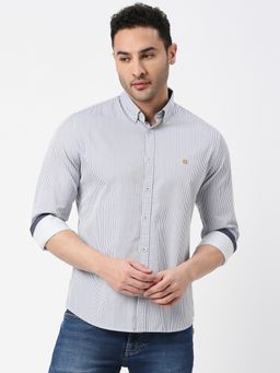 Dragon Hill - Full Sleeves Blue Twill Verticle Striped Shirt With Button Down Collar