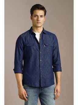 Louis Philippe - Men Navy Blue Textured Full Sleeves Casual Shirt
