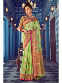 Sangam Prints - Light Green Banarasi Silk Woven Zari Work Traditional Saree with Unstitched Blouse