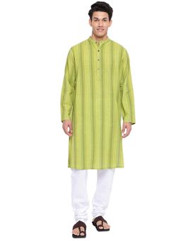 Fabindia - Cotton Striped Green Comfort Fit Long Kurta