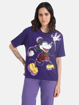 Kazo - Navy Blue Mickey Mouse Disney Foil Printed T-Shirt with Sequin Work