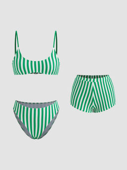 Cider - Terry U-neckline Stripe Bracelet Bikini Set & Cover Up Shorts