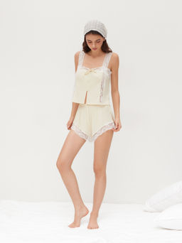 Cider - Square Neck Lace Trim Crop Tank Top & Mid Rise Shorts Loungewear Set