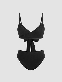 Cider - Texture V-neck Bowknot Criss-Cross Cheeky Bikini Set