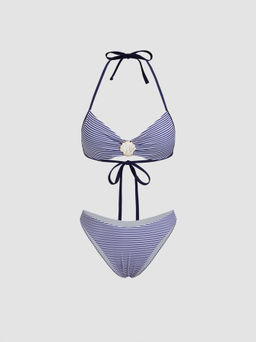 Cider - U-neckline Stripe Shell Detail Ruched Bracelet Cheeky Bikini Set