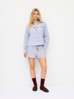 Cider - 100% Cotton Collar Stripe Oversized Top & Mid Rise Check Drawstring Shorts Loungewear Set