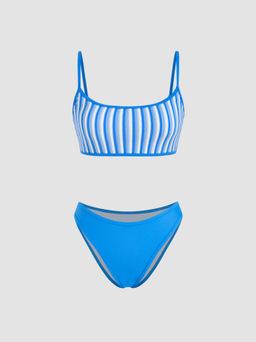 Cider - Terry U-neckline Stripe Tankini Cheeky Bikini Set