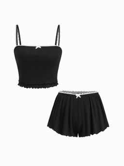 Cider - Pointelle Binding Lettuce Trim Cami Top & Bowknot Shorts Loungewear Set
