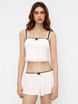 Cider - Pointelle Binding Lettuce Trim Cami Top & Bowknot Shorts Loungewear Set
