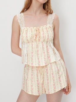 Cider - Square Neck Floral Lace Trim Knotted Oversized Top & Mid Rise Shorts Loungewear Set